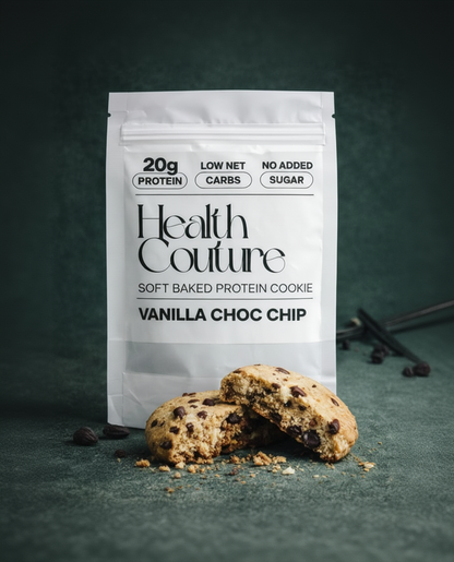 Health Couture protein cookies with vanilla choc chip on a dark background.